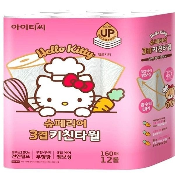 헬로키티 키친타올 슈페리어 3겹 160매12롤 업소용 두꺼운 대용량(...