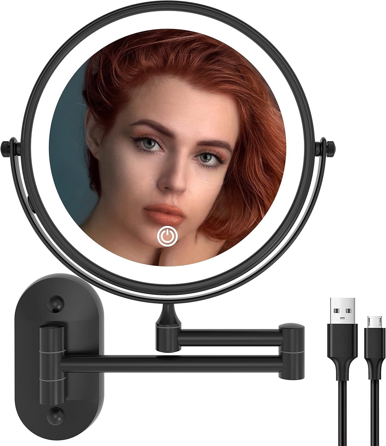 3개의 조명(1X/10X)이 있는 루악 벽걸이형 매력적인 매력 거울, 무광 블랙 | 충전식 밝기 조절 가능, 스테인리스