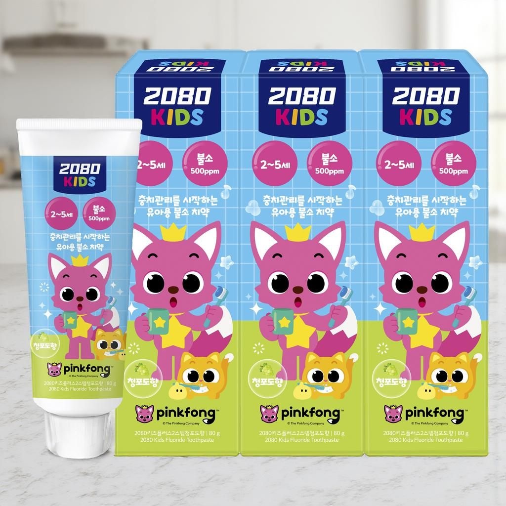 제조사미기재 <b>2080</b> 불소치약 <b>2080</b>치약 핑크퐁 2스텝 불소 아동용 치약 청포도향 80g 3개