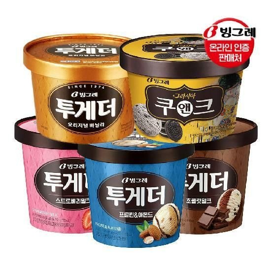 빙그레 투게더 혼합 5개 (바닐라1+프럴린1+스트로베리1+초콜릿1+쿠앤크1)
