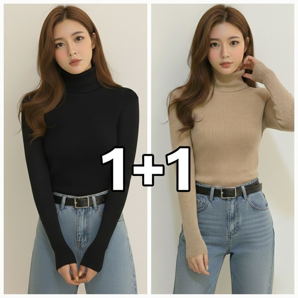 Shopflix 여성용 1+1 슬림 목폴라 골지니트 긴팔 2종 세트