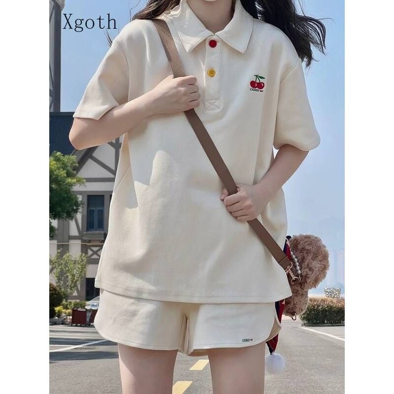 [해외] 여자 봄 가을 면접복장 여성 투피스 Xgoth 여성용 라펠 반팔 티셔츠 + 와이드 레그 반바지 학생 싱글 피스 일본 프