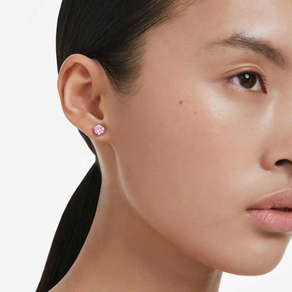SWAROVSKI Solitaire 스터드 이어링 - 라운드 컷, 핑크, 로듐 플래팅