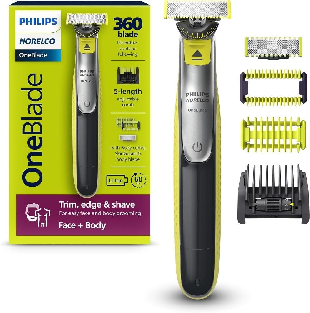 [해외] 필립스 Norelco OneBlade 360 페이스 + 바디  남성용 하이브리드 전기 면도기 및 수염 트리머 5-in-1 빗 헤어 키트 QP2834/70