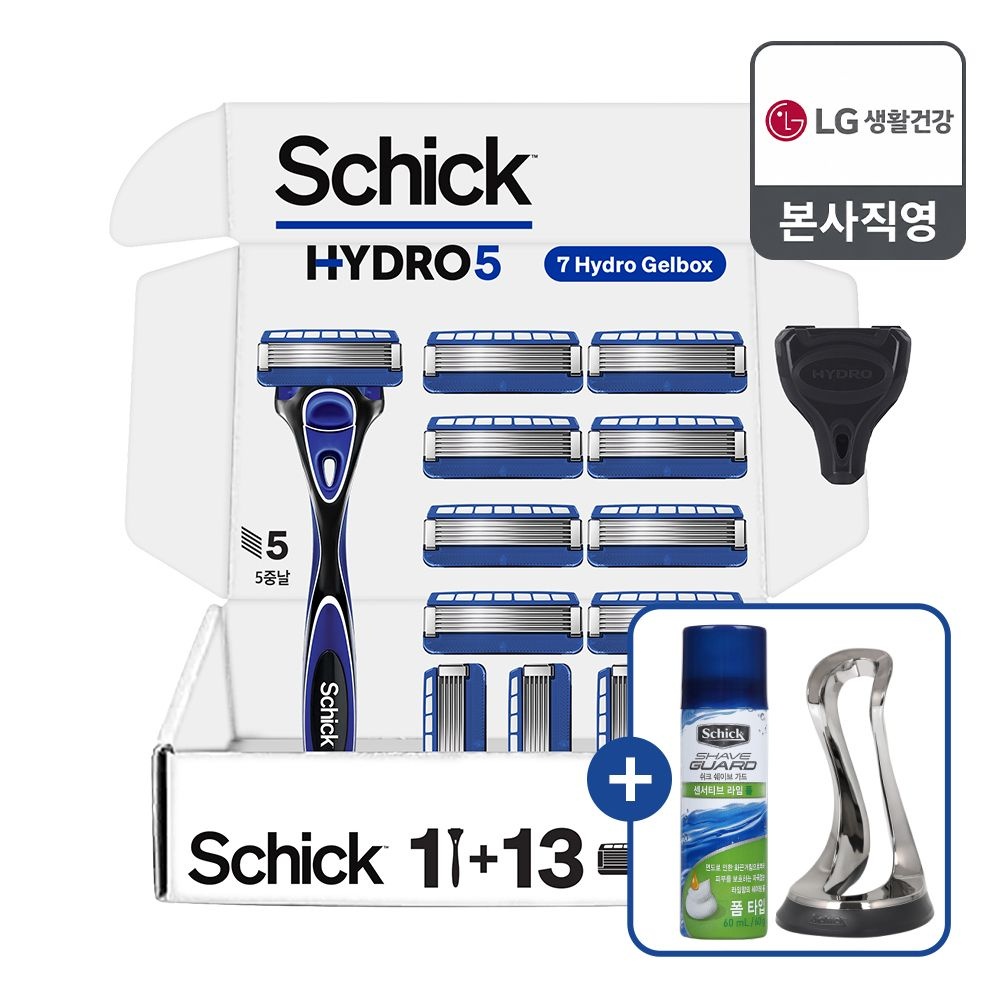 쉬크 [다운로드쿠폰확인]쉬크 하이드로5 오리지널 면도기 기획팩 (핸들1+날13입+커버1) (라임폼60g+전용거치대 증정)
