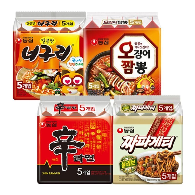 농심 신라면 5개 + 너구리 5개 + 짜파게티 5개 + 오징어짬뽕 5개