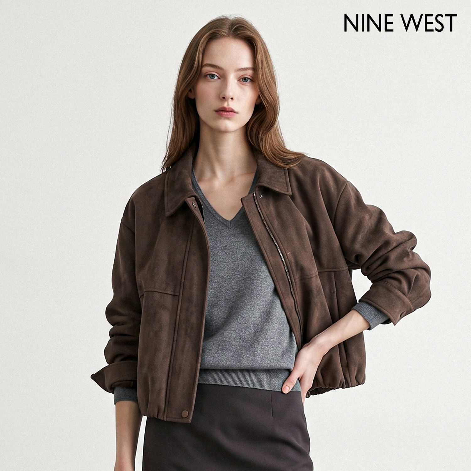 나인웨스트 [정상가 199000원]스웨이드 카라넥 블루종 긴팔 자켓 (NIDCJK007)