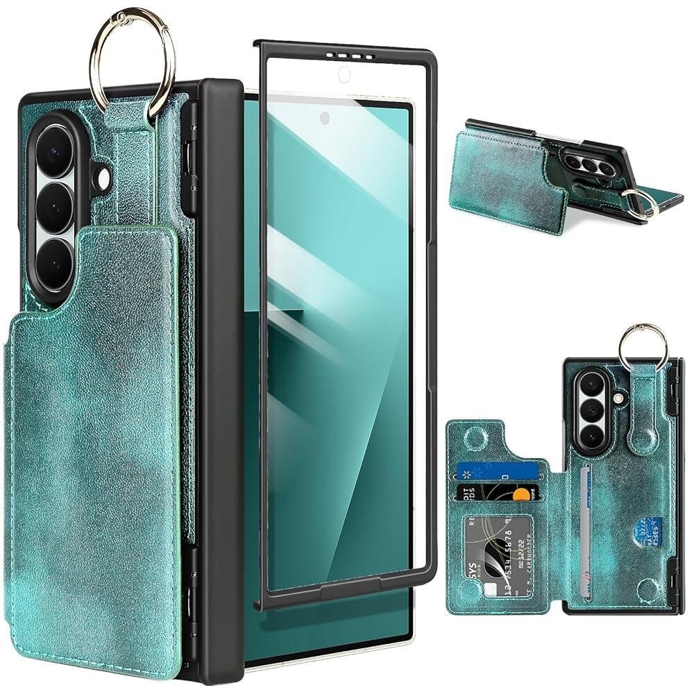 Casetego [해외] Casetego 갤럭시 Z 폴드 7 지갑 케이스, 내장 힌지 보호 및 액정보호필름 카드 홀더 PU 가죽 손가락 그립 링, 삼성 (2025