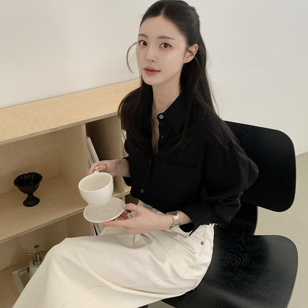 시야쥬 SI-TP5160 루즈핏 링클 실키 셔츠_Black