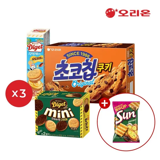 오리온 초코칩쿠키 192g 3개+다이제 우도땅콩 98g 3개+다이제 미니초코 80g 3개+증정(썬 갈릭바게트 80g 1개)