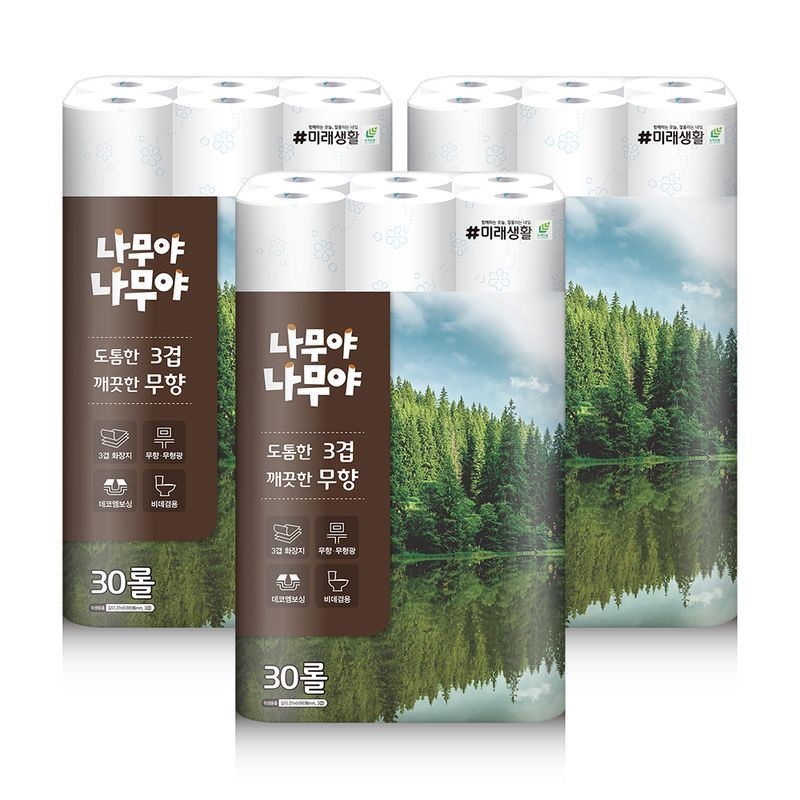 잘풀리는집 [LMS] 미래생활 나무야나무야 도톰한3겹 깨끗한 무향 화장지 27M 30롤 3팩