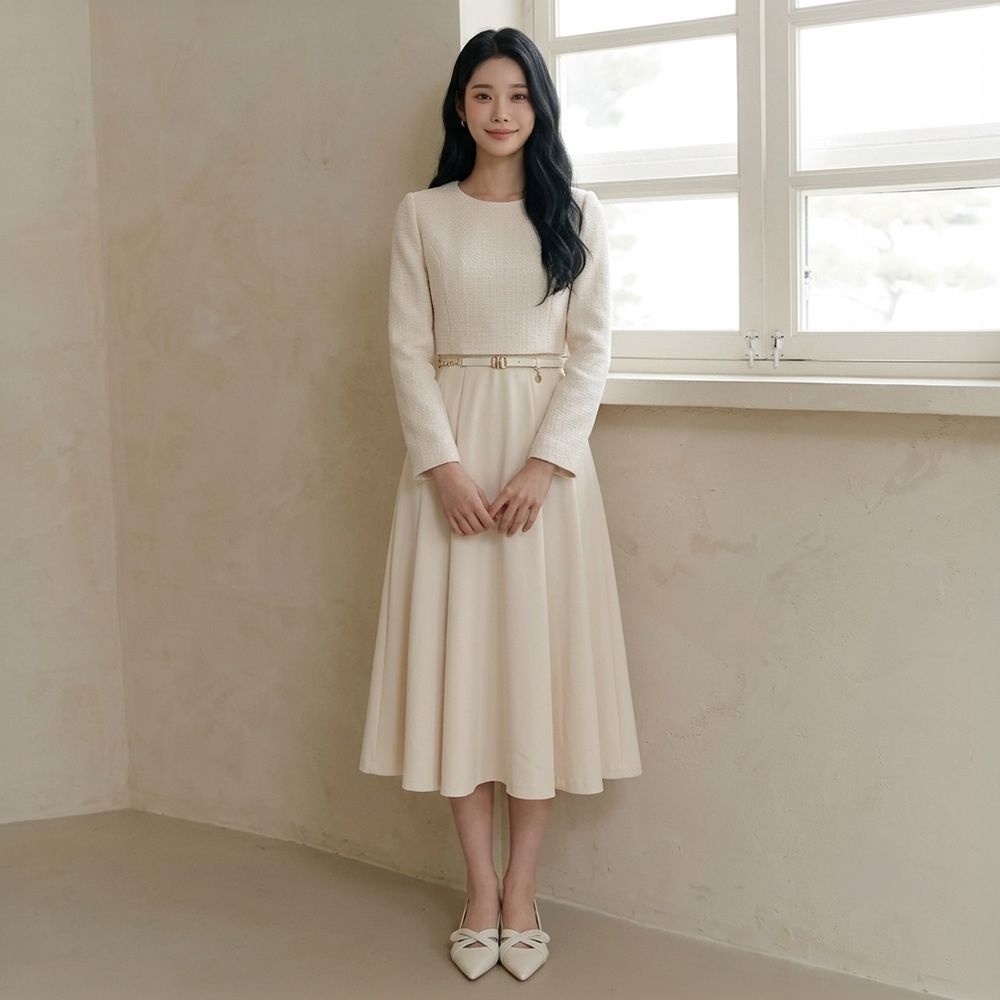 [라인어디션]라운드넥 벨트 포인트 원피스 NWOPPA0300