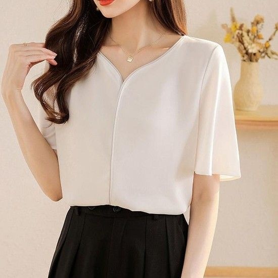 [QNW76895_58]배색 하객룩 넥라인 여성 여름 블라우스 (40274525)