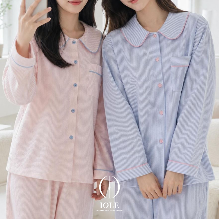 이올레 [시어서커/사계절] 스윗카라 파스텔 스트라이프 커플 잠옷 상하세트 얇은 긴팔 파자마