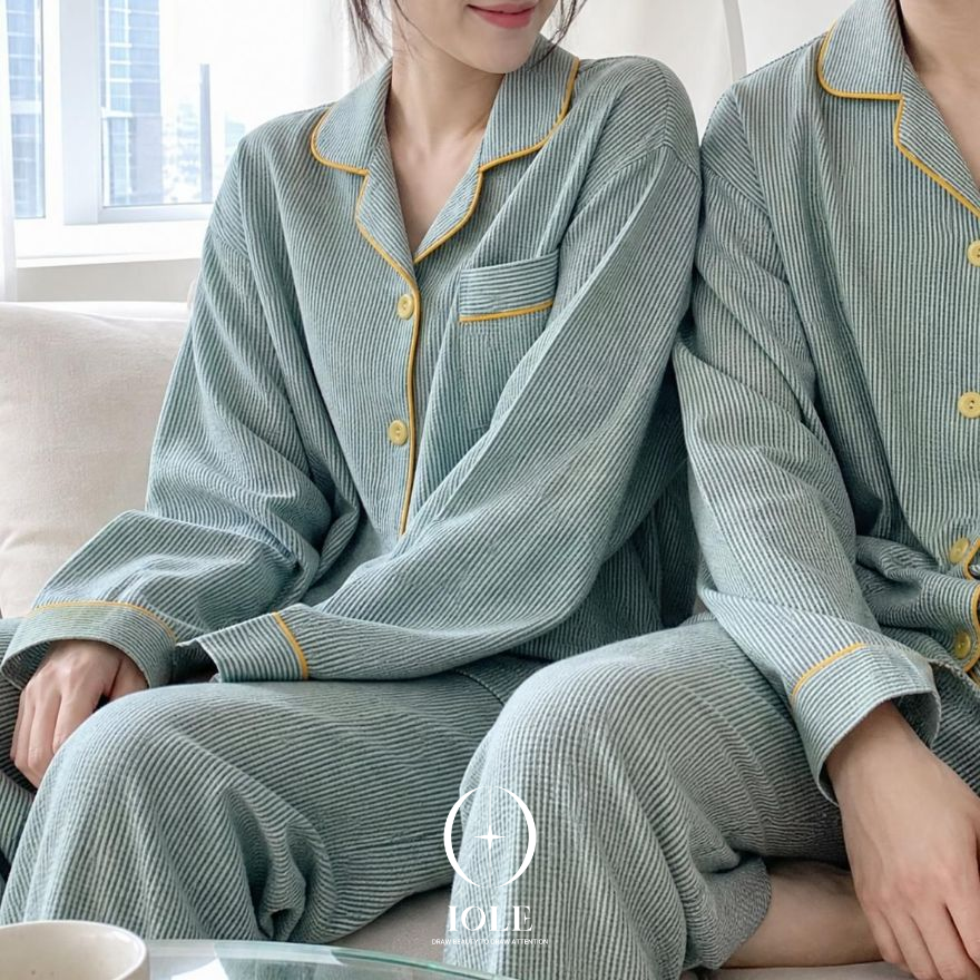 이올레 [시어서커/사계절] 그린앤유 스트라이프 커플 잠옷 상하세트 얇은 긴팔 파자마