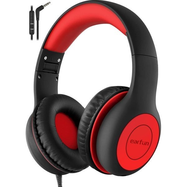 <b>EarFun</b> [해외] <b>EarFun</b> K1 유선 헤드폰 마이크 내장 85 94dB 볼륨 제한 Shareport 지원 휴대용 스테레오 사운드 접이식 헤드셋 학교 태블