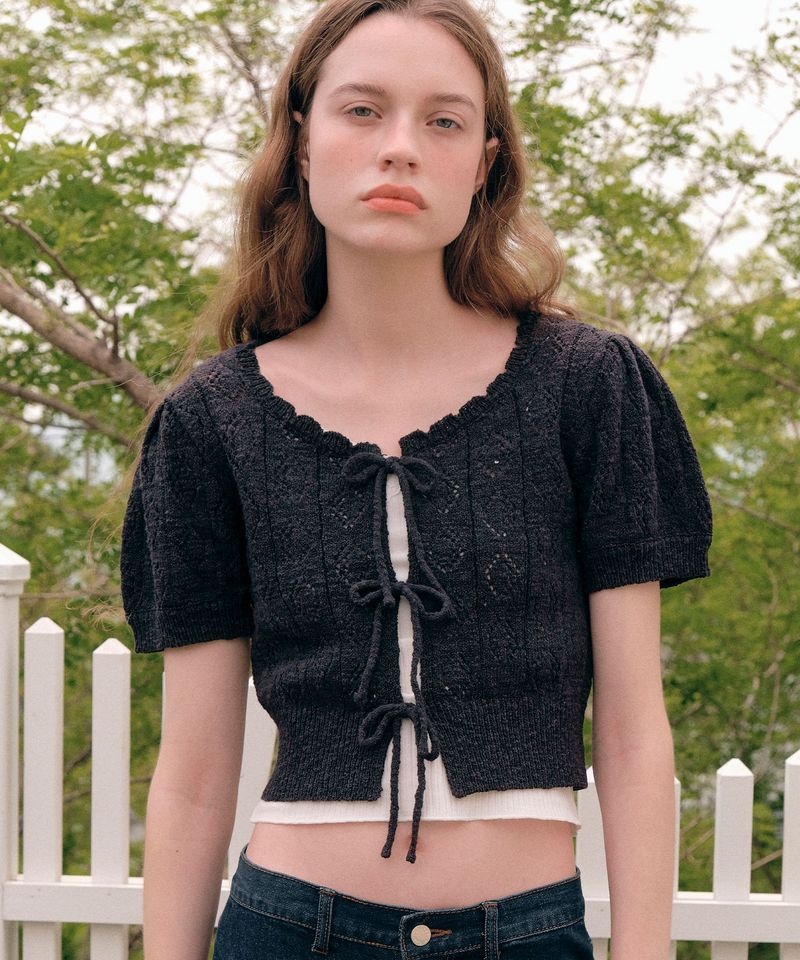 [백화점상품] 로라로라 RIBBON CROCHET BOLERO CARDIGAN BLACK 5006600554