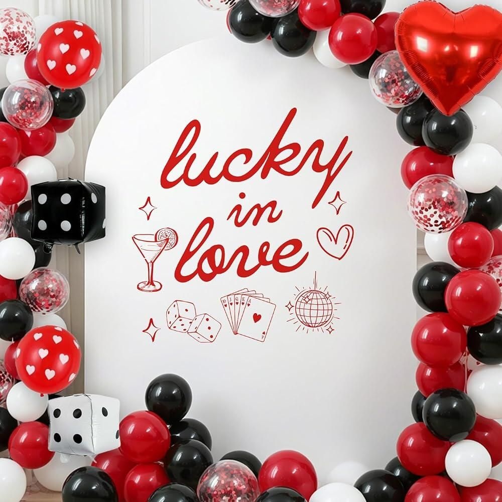 [TrinhGuo][해외] Lucky in Love Party Decor - TrinhGuo 사인 데칼 풍선 아치 카지노 요소 테마 벽 장식 독신 약혼 웨딩 파티 배경 레드 [호환]