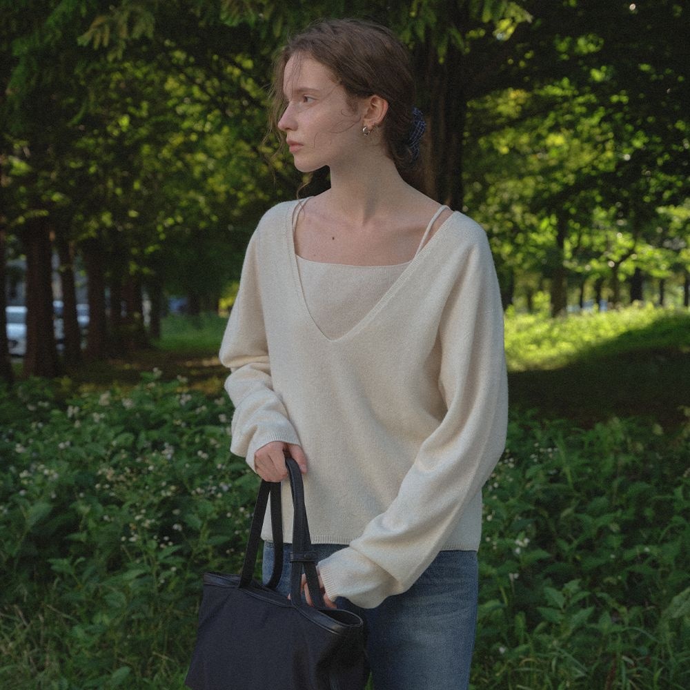 틸아이다이 Wool cashmere V neck knit set [TIFA05SW04]_Ivory