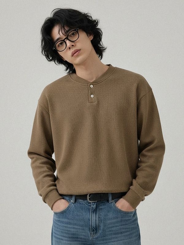 [패션플러스][리얼슬로우]헨리넥 단추 니트맨투맨
