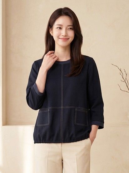 배색 스티치 블라우스형 티셔츠-R3PU242055B