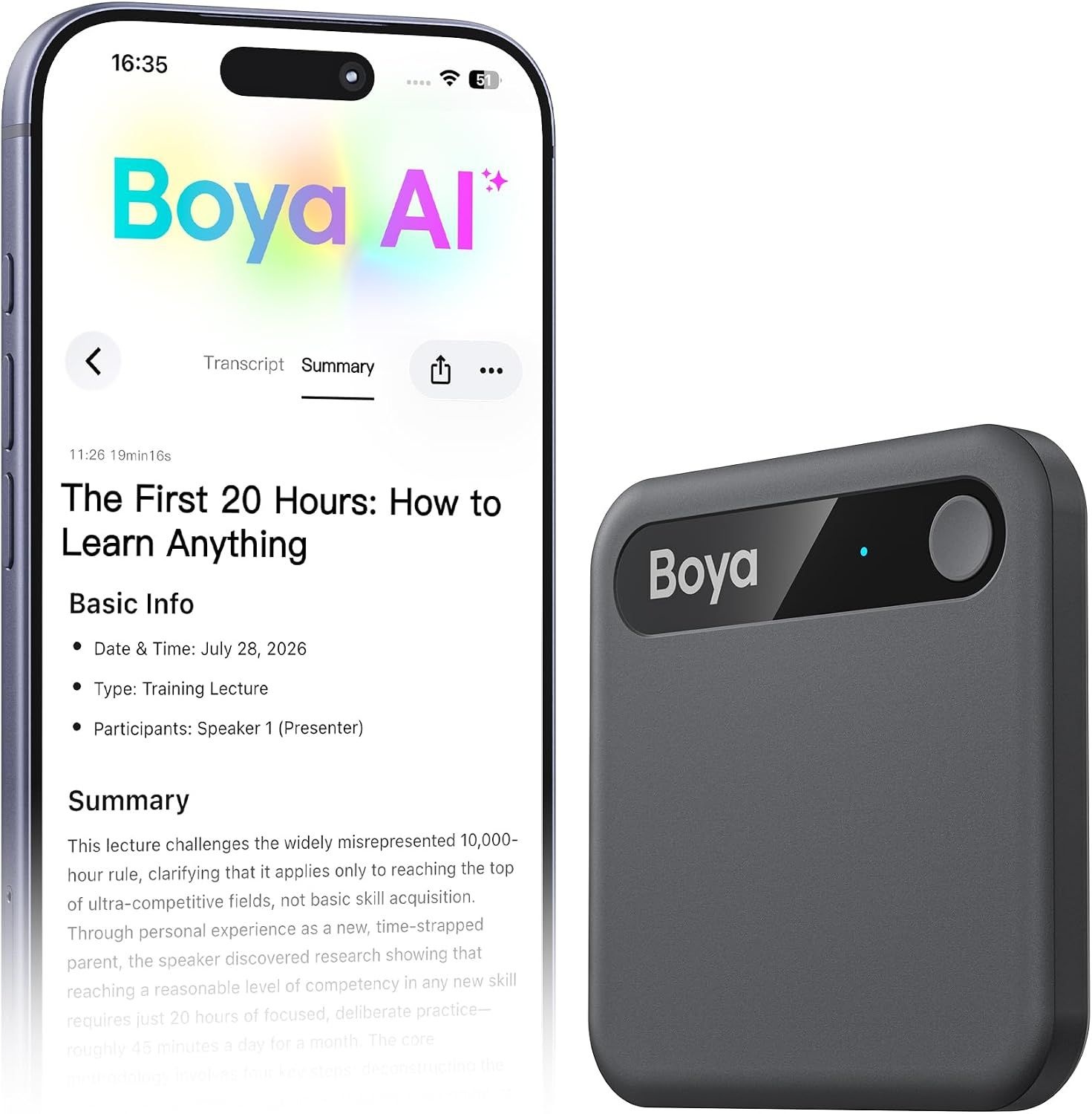 Boya Notra 네오 AI 음성 녹음기, 회의, 수업 및 통화용 | 전사 요약 기능이 포함된 노트 테이커, 3가지 녹음 모드,