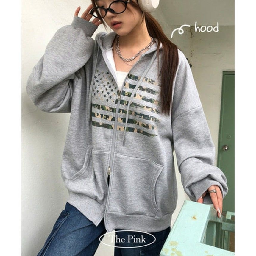 더핑크 티뮤 오버핏 크랙 프린팅 투웨이 기모 후드 집업