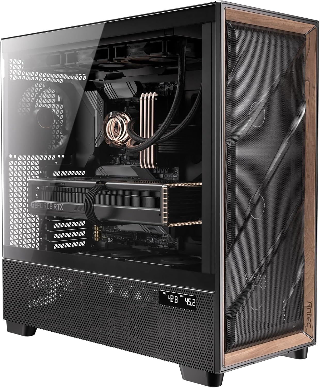 [해외] <b>Antec</b> <b>Flux</b> <b>Pro</b> 풀 타워 E-ATX PC 케이스, 6개의 PWM 팬 포함, 블랙 | 팬, 호두나무 전면 패널, 고풍량, 90도 회전 PSU 마운트,