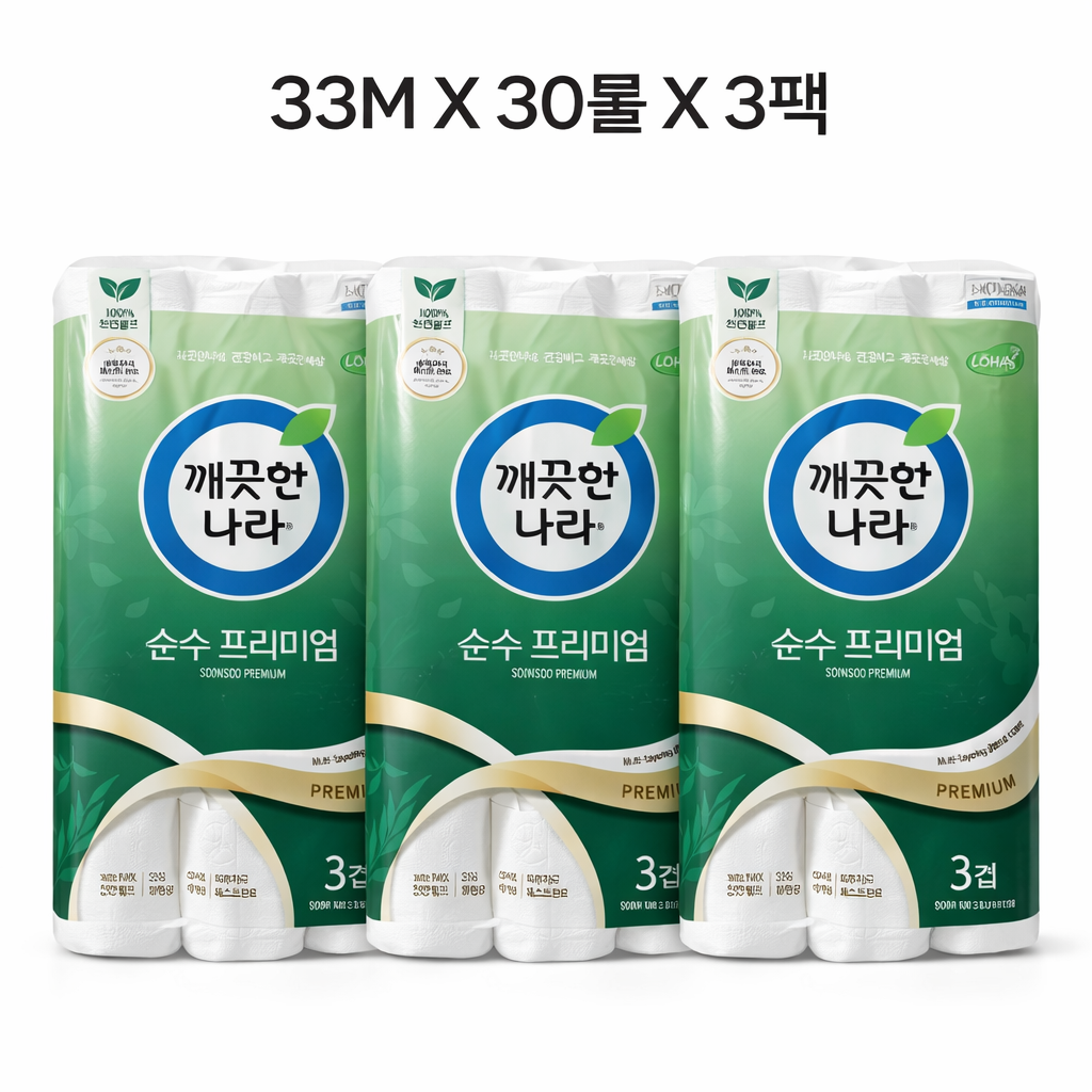 동아오츠카 깨끗한나라 순수 3겹  프리미엄 롱 33m X 30롤 X 3팩