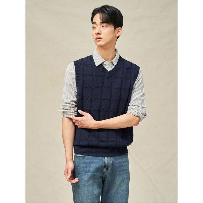 빈폴 멘 그리드 체크 베스트 네이비 (BC5351C03R)