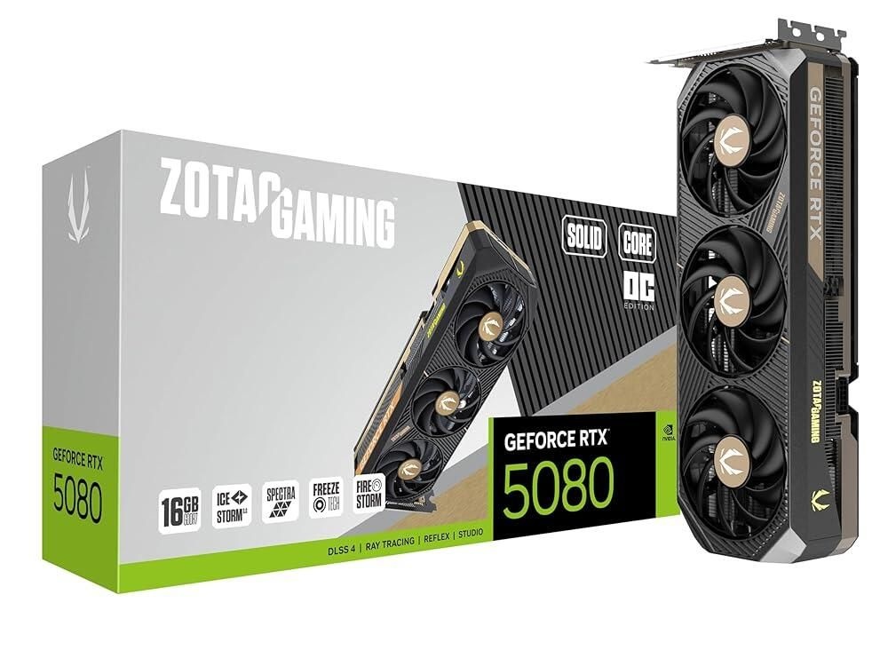 [해외] ZOTAC 게이밍 지포스 RTX 5080 솔리드 코어 OC DLSS 4 16GB GDDR7 256비트 30Gbps PCIE 5.0 그래픽 카드, IceStorm 3.0 고급 냉각, Spect