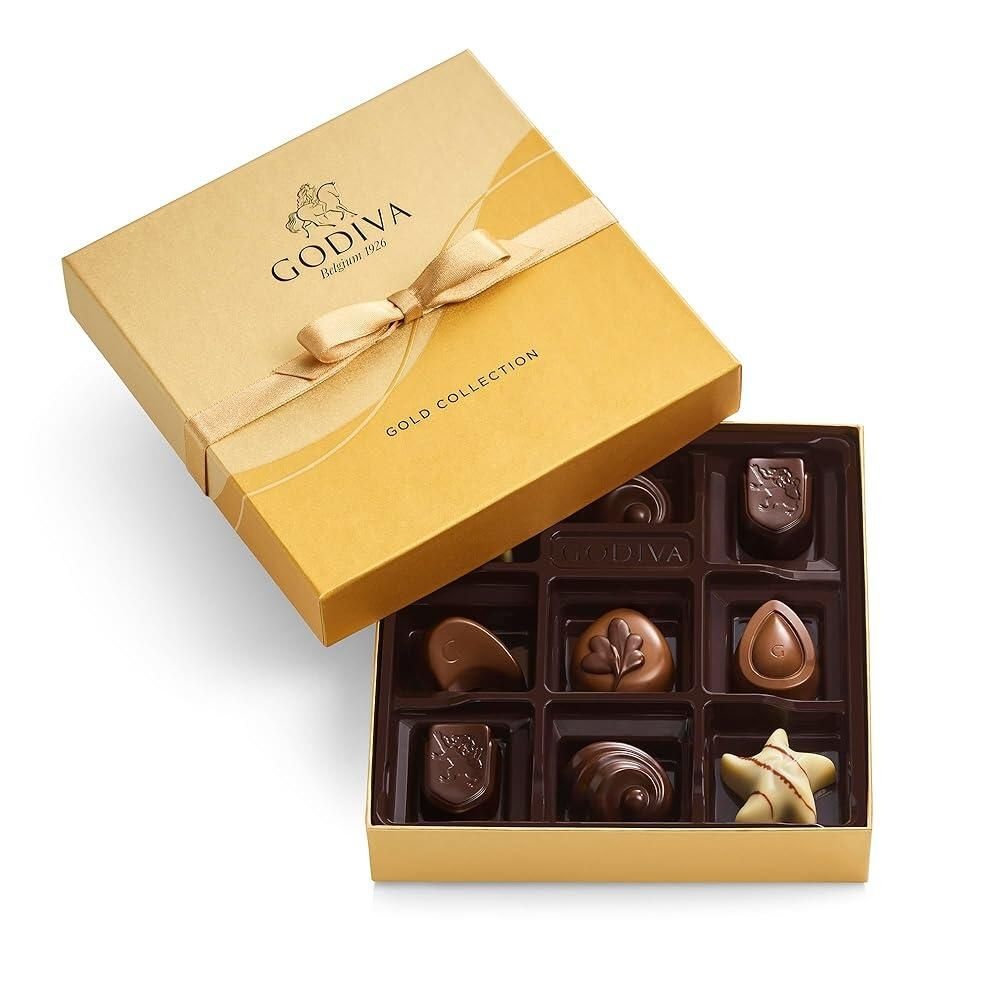 GODIVA Chocolatier [해외] Godiva 밀크 초콜릿 선물 상자 - 프랄린 축하 생일 기념일 다양한 캔디 바구니 골드 리본 18피스 [호환]