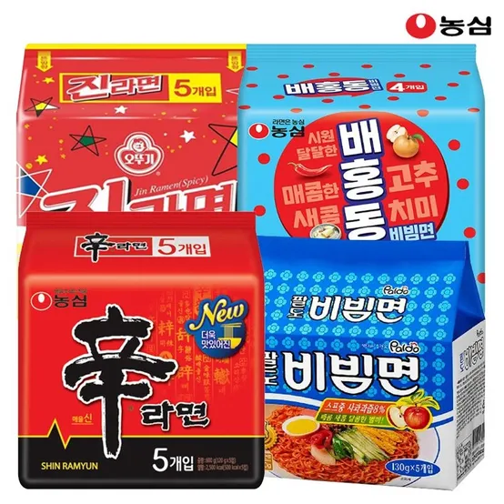 농심 신라면5봉+진라면매운맛5봉+배홍동비빔면4봉+팔도비빔면5봉