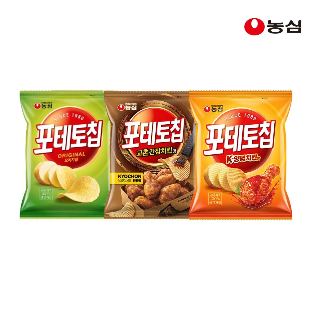 농심포테토칩 농심포테토칩 농심 포테토칩 오리지널60g + K양념치킨맛50g 교촌간장치킨맛55g 각4개 총 12개