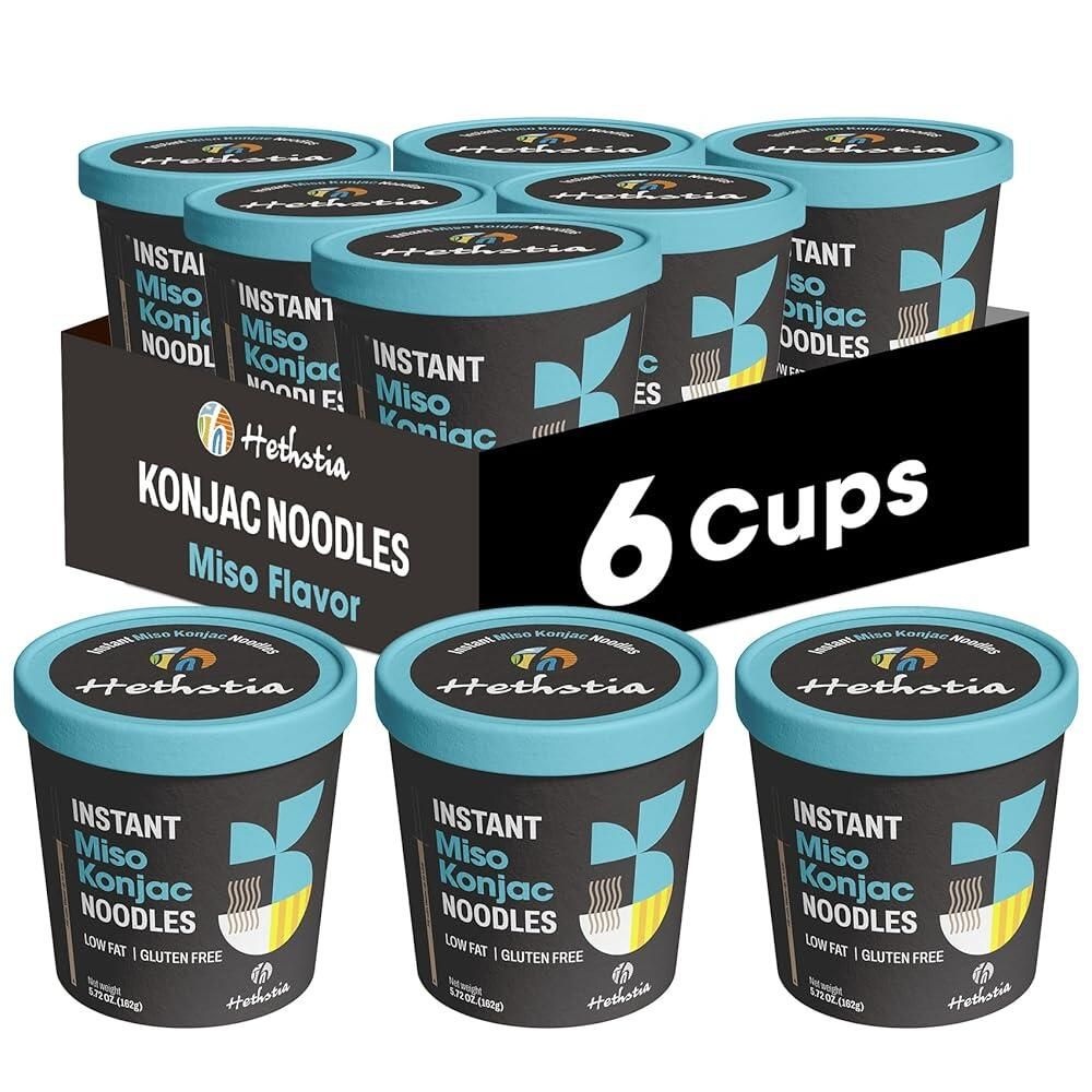 [해외] Hethstia Konjac Noodles 인스턴트 미소 수프 컵 - 6팩 시라타키 파스타 엔젤 헤어 저탄수화물 된장 국물 바로 먹을 수 있