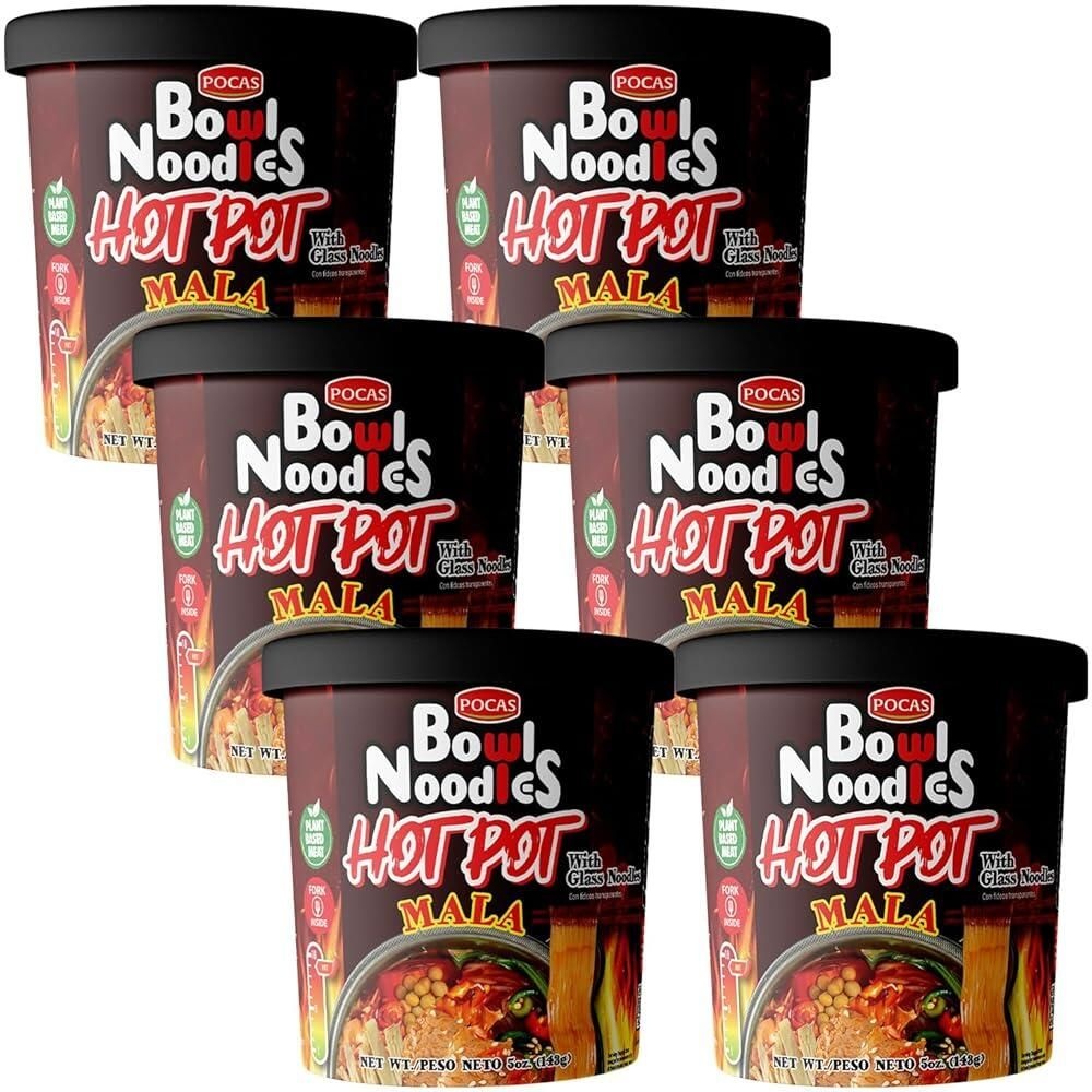 POCAS [해외] Pocas Instant Noodles 비건 핫 포트 말라 맛 6팩 강렬한 사천 향신료 레벨 식물 기반 고기 5분 안에 준비 각 133.8g4.8온스