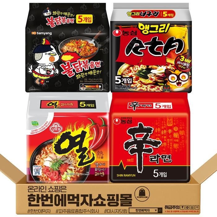 봉지라면 4종 혼합 각 1팩씩 / 삼양 불닭볶음면 + 농심 앵그리 너구리 + 농심 신라면 + 오뚜기 열라면