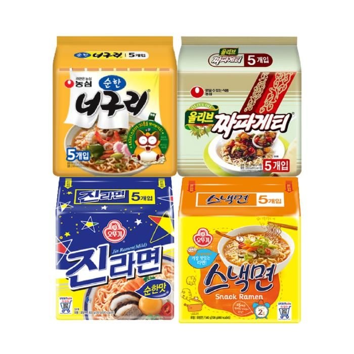 [오늘출발] 봉지라면 멀티팩 4종 각 1팩 / 짜파게티 1팩+진라면 순한맛 1팩+순한 너구리 1팩+스낵면 1팩