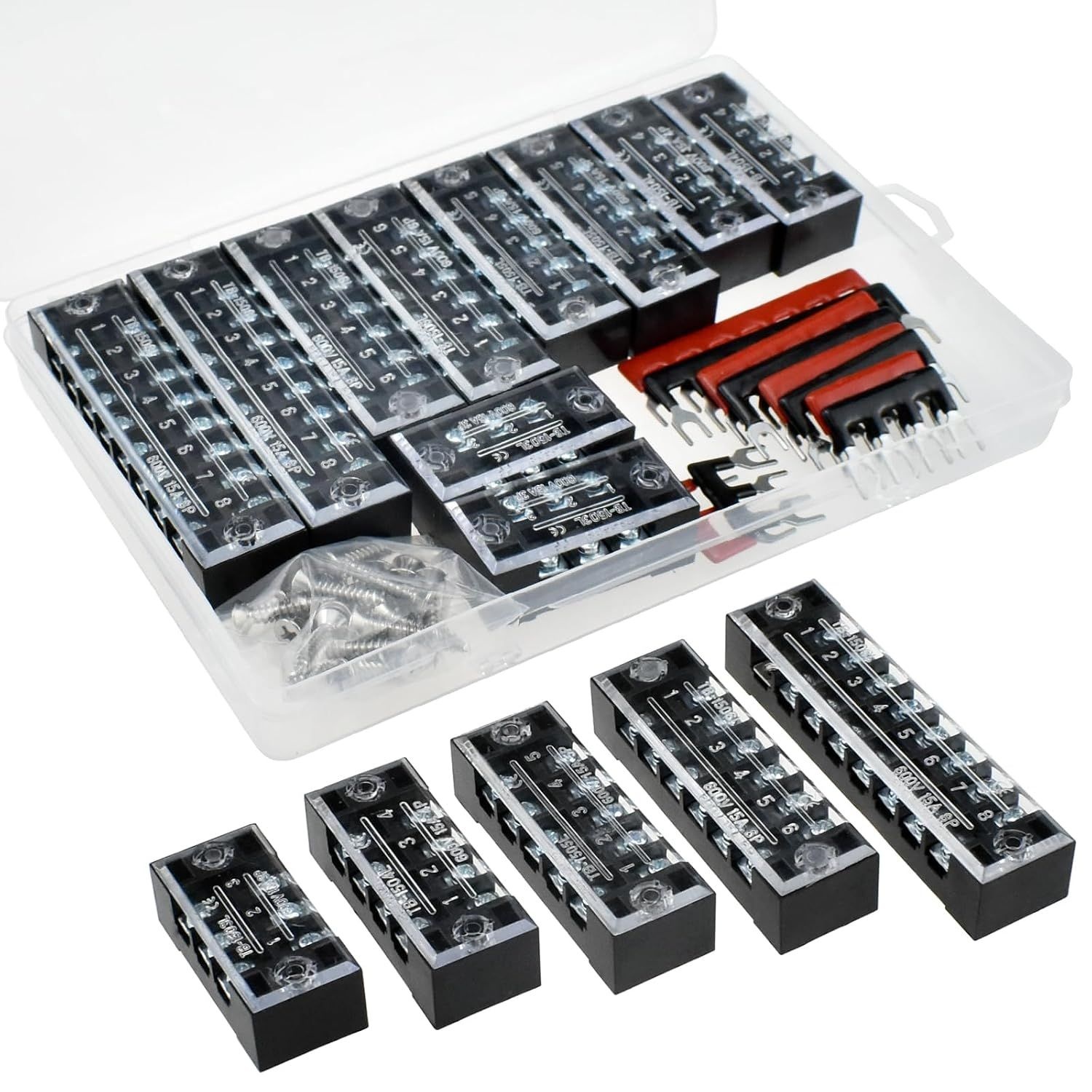 배선 스트립이 있는 BaYiToo 10Pcs 15A 나사 단자 블록 3/4/5/6/8 위치 이중 행 덮임 사전 절연 점퍼 전기 연결용 600V