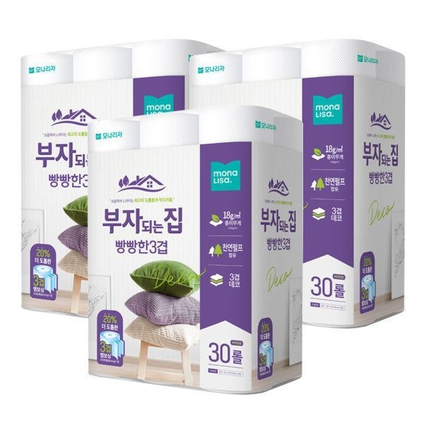 부자되는집 모나리자 빵빵한 3겹 30롤 x 3팩 화장지/휴지