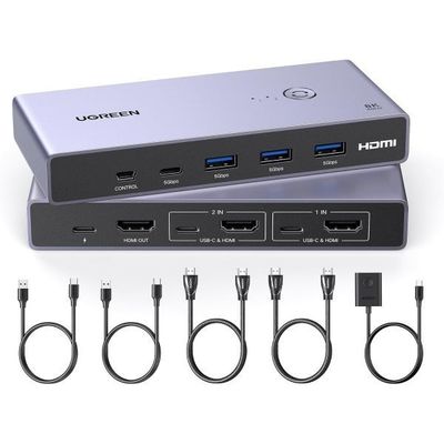 UGREEN 8K HDMI KVMスイッチ USB 3.0ポート4個A 3個C 1個 コンピューター 2台 PCモニター 1台 PCキーボード マウス HDD プリンター