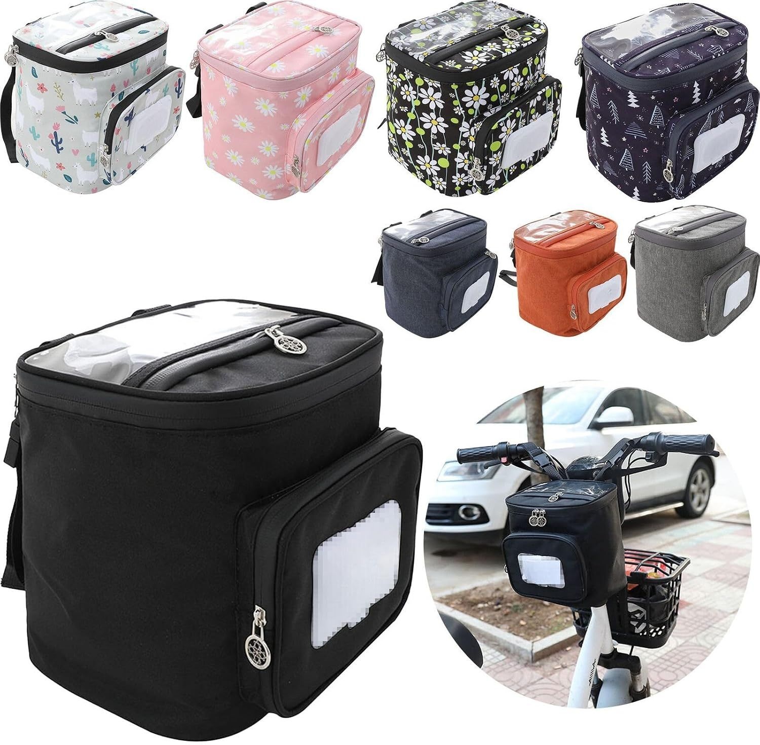Boxonly 전동 <b>킥보드</b> 핸들바 수납 가방 방수 조절 스트랩 화이트 양 패턴 <b>21</b>x19cm