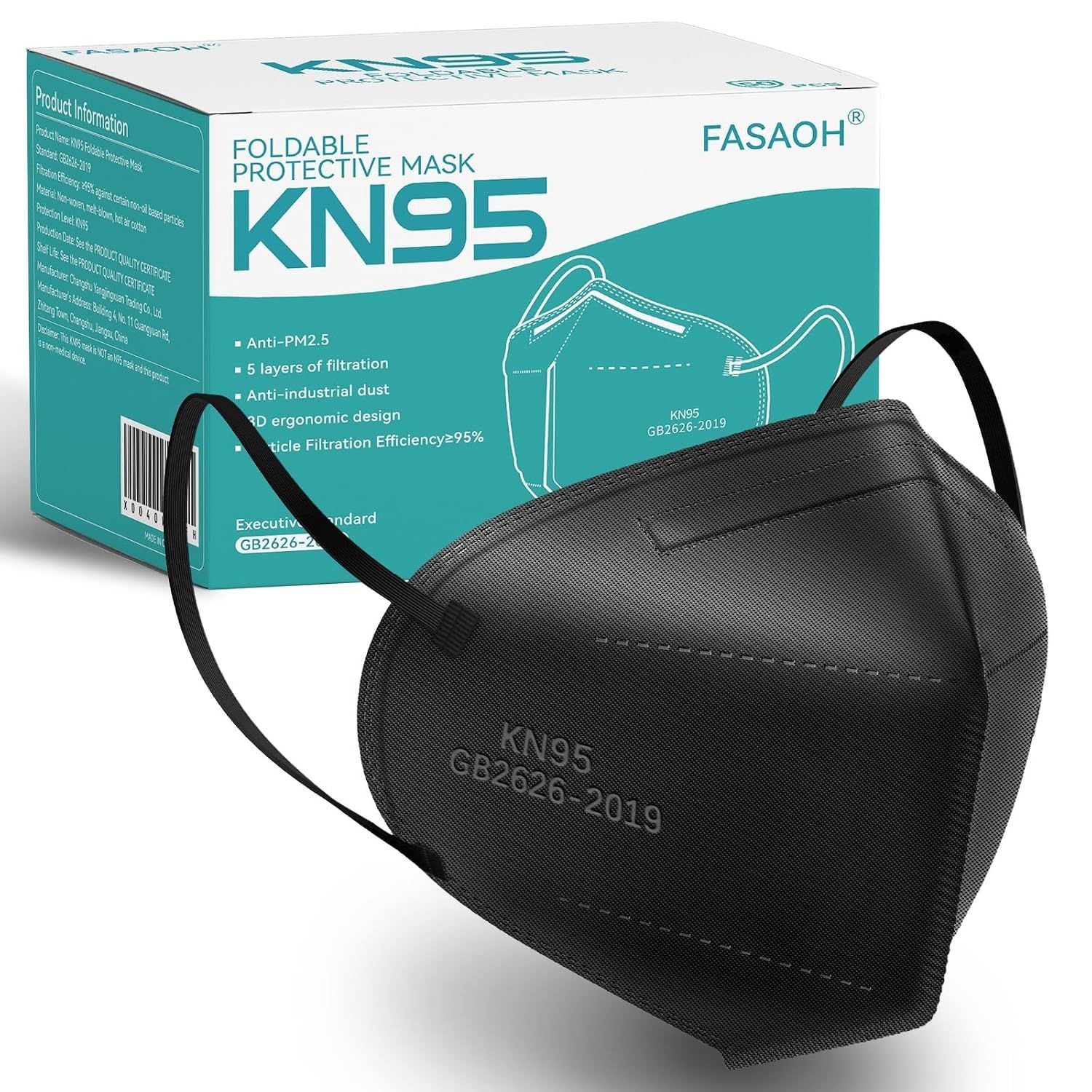 FASAOH KN95 페이스 마스크 100개 5겹 블랙 통기성 보호 개별 포장 컵 먼지 안전