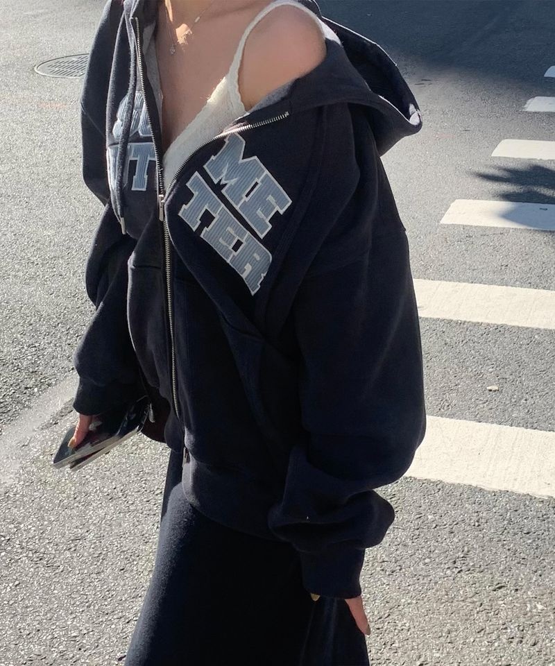 SOMEWHEREBUTTER [11월 19일 배송] SOMEWHEREBUTTER Corduroy Logo Hoodie Zip-Up - Charcoal