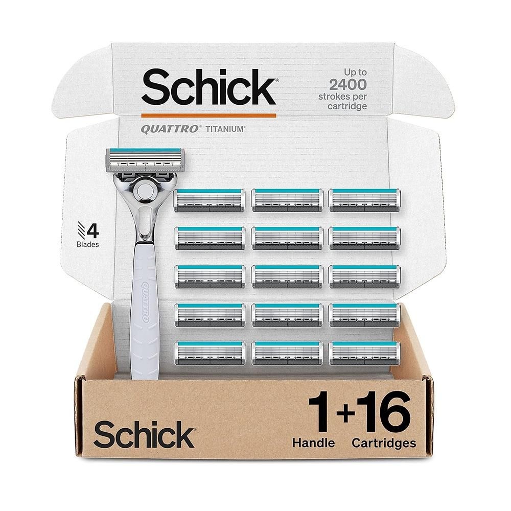 시크릿 [해외] 시크릿 Quattro 티타늄 헤드 1개입 + 리필 <b>16</b>개입 1팩 Schick Quattro Titanium 4-Blade Razors for Men | 1 Mens Razor Handle and <b>16</b> Refill B