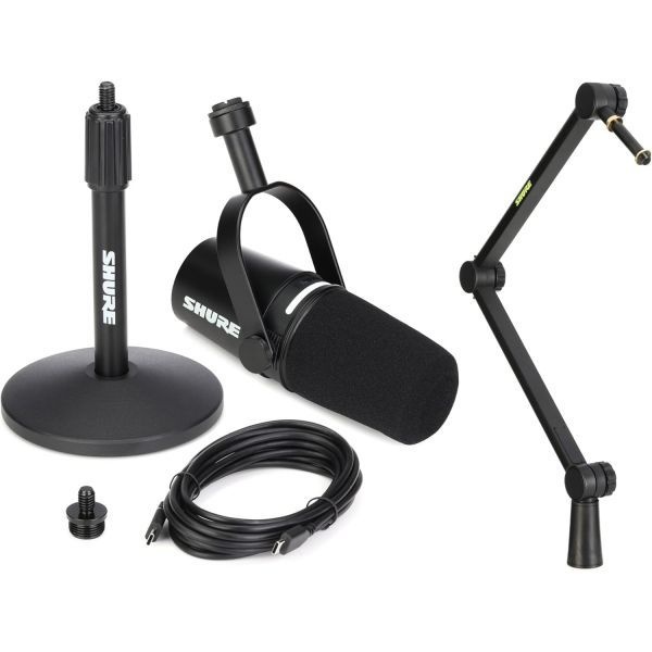 Shure [해외] Shure 슈어 MV7 하이브리드 팟캐스트 마이크 조절 가능한 붐 암 스탠드 포함 스트리밍 녹음 팟캐스팅 USB XLR 연결 2740