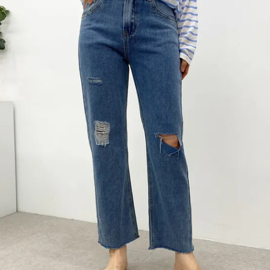 헤이븐 / 데미지 커팅 세미 와이드핏 워싱 데님 팬츠(S-L)