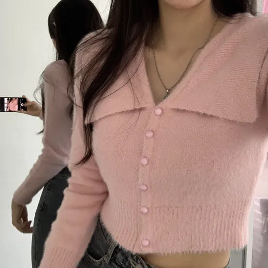 더핑크 / 팝핑 크롭 앙고라 카라 가디건 (4color) 