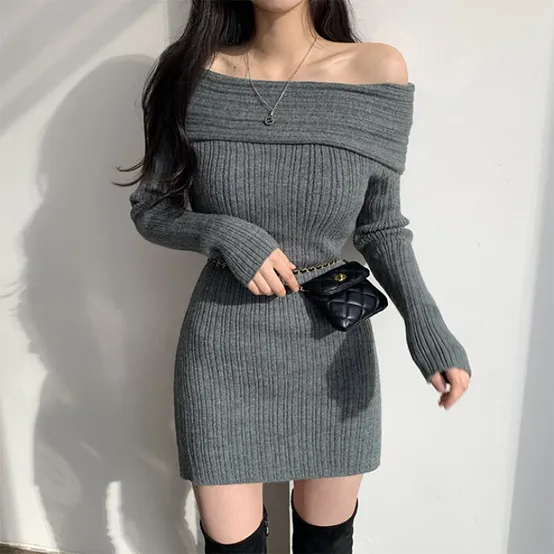 더핑크 / 메디 슬림 오프숄더 골지 미니 원피스 