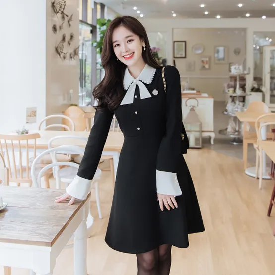 레이스 카라 배색 플레어 원피스 dress op5995